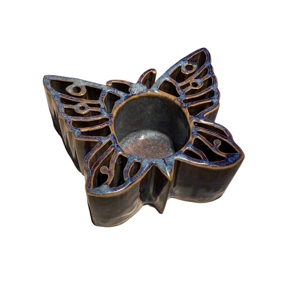 Butterfly Candle Holder Glazed Tan Blue Votive U… - Picture 1 of 7